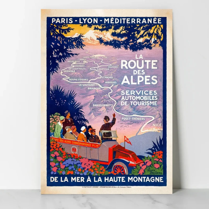 affiche vintage route des alpes roger broders 1920 chemins de fer plm autocar tourisme chamonix grenoble nice retro poster dzecoart
