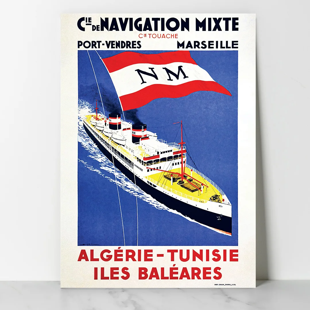 Navigation Mixte - Algérie Tunisie Iles Baléares - Dzeco Art affiche maritime vintage algerie tunisie navigation mixte paquebot de ligne drapeau nm maritime retro poster imp chaix paris dzecoart