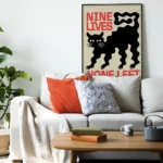 affiche design chat noir nine lives none left style linogravure rouge et noir deco moderne artsy tendances poster dzecoart