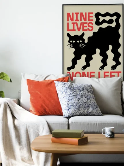 affiche design chat noir nine lives none left style linogravure rouge et noir deco moderne artsy tendances poster dzecoart