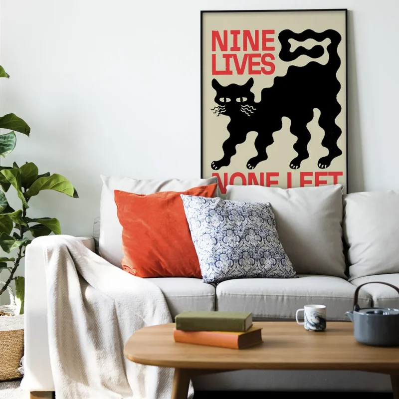 affiche design chat noir nine lives none left style linogravure rouge et noir deco moderne artsy tendances poster dzecoart