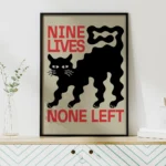 affiche design chat noir nine lives none left style linogravure rouge et noir deco moderne artsy tendances poster dzecoart