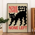 affiche design chat noir nine lives none left style linogravure rouge et noir deco moderne artsy tendances poster dzecoart