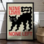 affiche design chat noir nine lives none left style linogravure rouge et noir deco moderne artsy tendances poster dzecoart