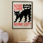 affiche design chat noir nine lives none left style linogravure rouge et noir deco moderne artsy tendances poster dzecoart