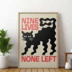 affiche design chat noir nine lives none left style linogravure rouge et noir deco moderne artsy tendances poster dzecoart
