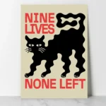 affiche design chat noir nine lives none left style linogravure rouge et noir deco moderne artsy tendances poster dzecoart