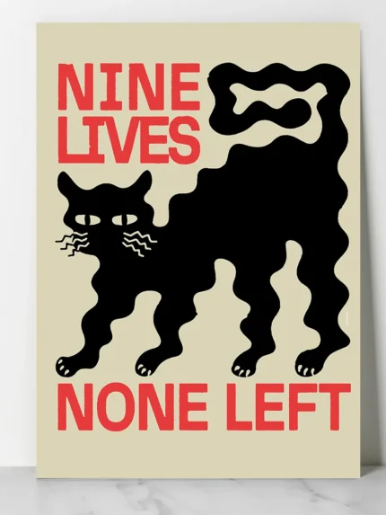affiche design chat noir nine lives none left style linogravure rouge et noir deco moderne artsy tendances poster dzecoart