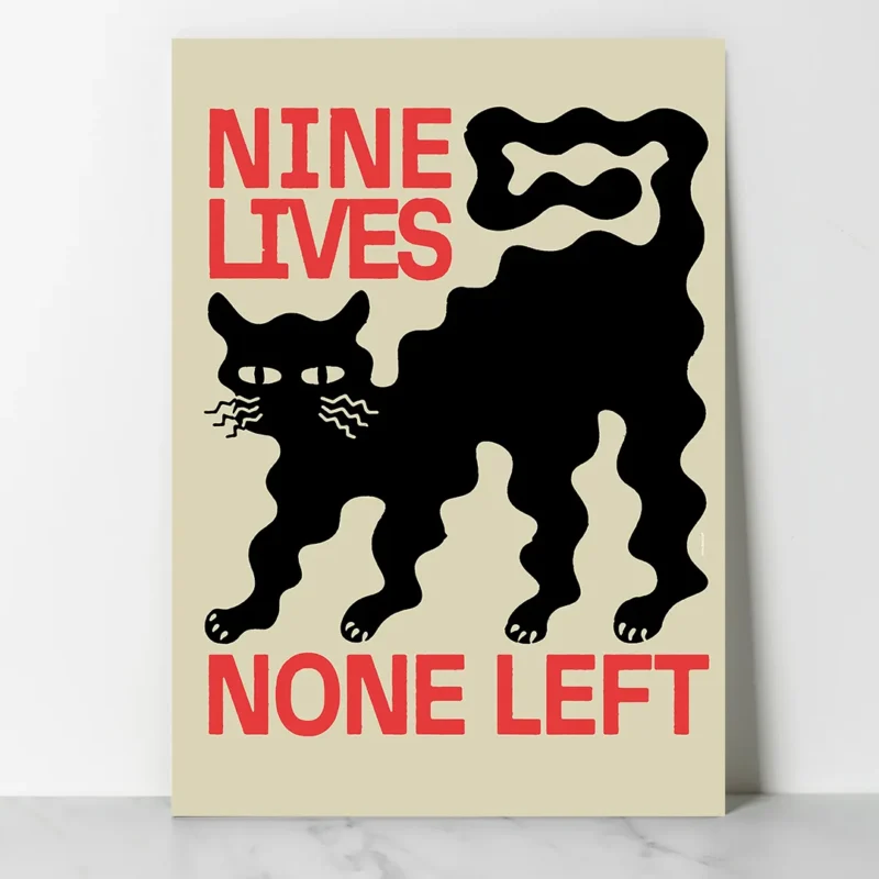 affiche design chat noir nine lives none left style linogravure rouge et noir deco moderne artsy tendances poster dzecoart