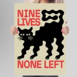 affiche design chat noir nine lives none left style linogravure rouge et noir deco moderne artsy tendances poster dzecoart
