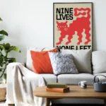 affiche design chat noir nine lives none left style linogravure rouge et noir deco moderne artsy tendances poster dzecoart