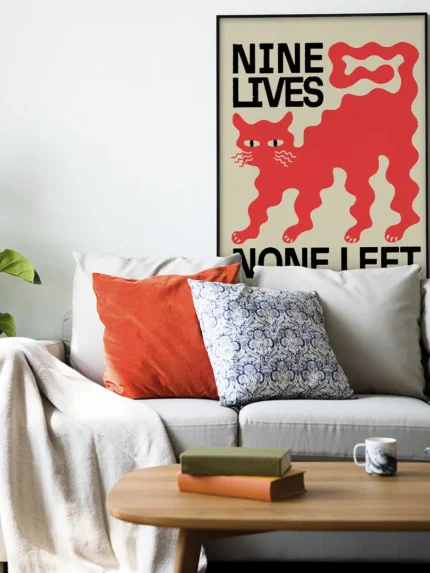 affiche design chat noir nine lives none left style linogravure rouge et noir deco moderne artsy tendances poster dzecoart
