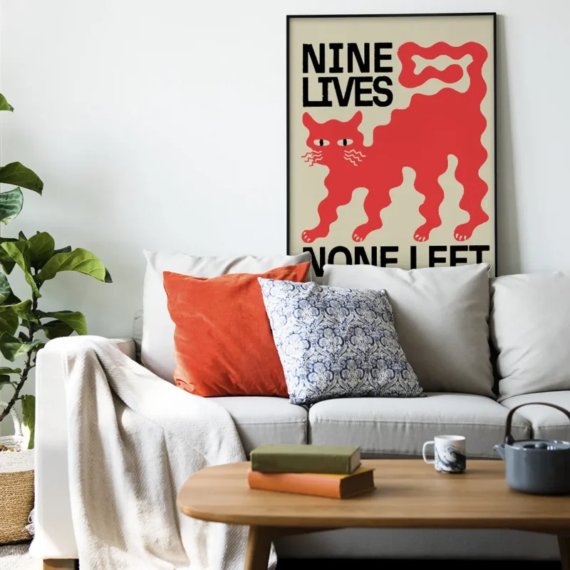affiche design chat noir nine lives none left style linogravure rouge et noir deco moderne artsy tendances poster dzecoart