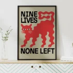 affiche design chat noir nine lives none left style linogravure rouge et noir deco moderne artsy tendances poster dzecoart
