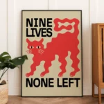 affiche design chat noir nine lives none left style linogravure rouge et noir deco moderne artsy tendances poster dzecoart