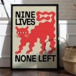 affiche design chat noir nine lives none left style linogravure rouge et noir deco moderne artsy tendances poster dzecoart
