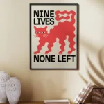 affiche design chat noir nine lives none left style linogravure rouge et noir deco moderne artsy tendances poster dzecoart