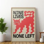affiche design chat noir nine lives none left style linogravure rouge et noir deco moderne artsy tendances poster dzecoart