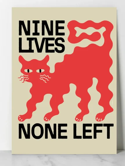 affiche design chat noir nine lives none left style linogravure rouge et noir deco moderne artsy tendances poster dzecoart