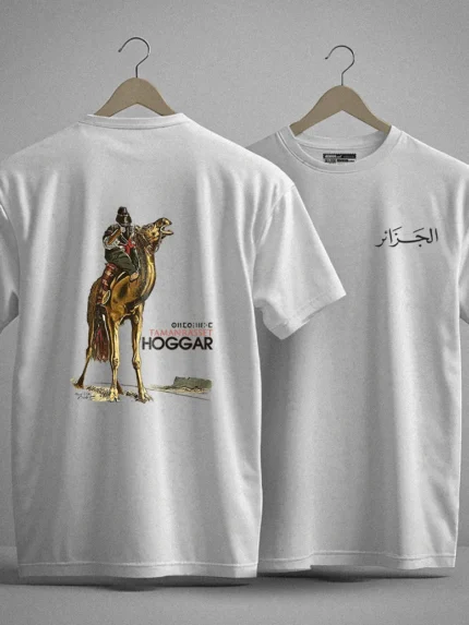 t-shirt hoggar tamanrasset blanc homme dos impression affiche vintage targui dromadaire sahara algerie dzecoart