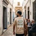 t-shirt algerie vintage face et dos impression timbre poste officiel palais des rais alger dzecoart