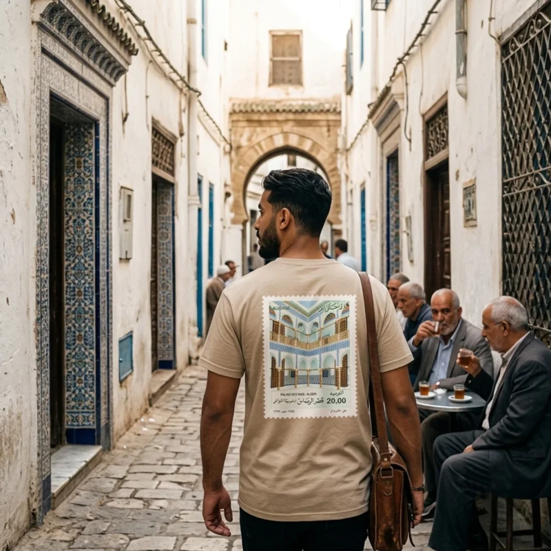 t-shirt algerie vintage face et dos impression timbre poste officiel palais des rais alger dzecoart