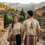 t-shirt algerie vintage couleur sable dos et face impression grand timbre poste officiel fibule bijou kabyle mohamed temam dzecoart