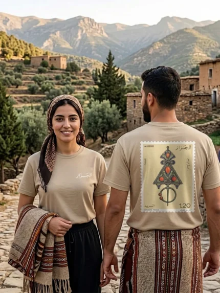 t-shirt algerie vintage couleur sable dos et face impression grand timbre poste officiel fibule bijou kabyle mohamed temam dzecoart
