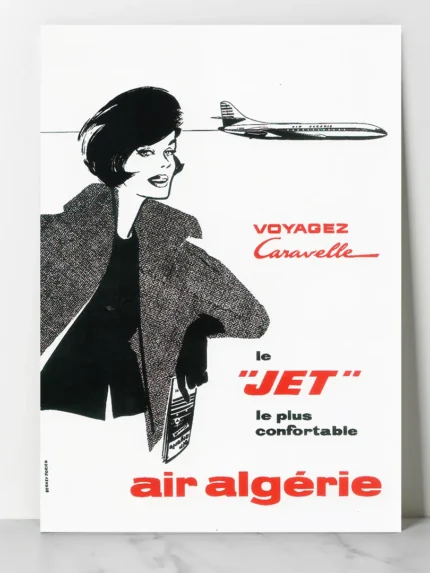 Affiche vintage air algérie représentant la Caravelle et une femme élégante par Berney Forien.