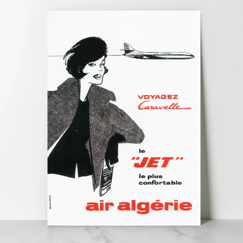 Affiche vintage air algérie représentant la Caravelle et une femme élégante par Berney Forien.